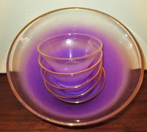 VTG ORCHID BLENDO WEST VIRGINIA GLASS 6 PC SET SERVING & SALAD BOWLS EC GOLD RIM - Picture 1 of 3
