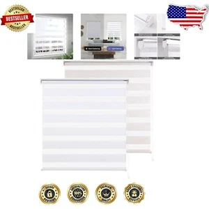 Easy Install Dual-Layer Roller Window Shades - 48" Wide Zebra Blinds in White - Picture 1 of 11