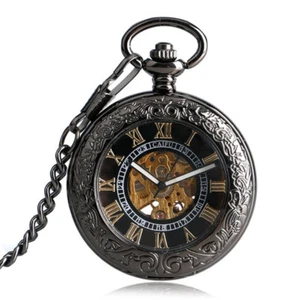 Rerto Transparent Case Engraving Automatic Mechanical Women Pocket Watch Chain - Picture 1 of 6