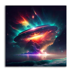 "Iluminación dinámica UFO FLYING OUT WATER, estrellas, galaxia, póster de IA impresión artística 13x13" - Imagen 1 de 2