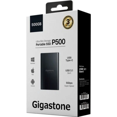 Gigastone 500GB Portable SSD Ultra Slim 550MB/s. USB 3.1 Type-C Win/Mac/Android - Image 1 of 3