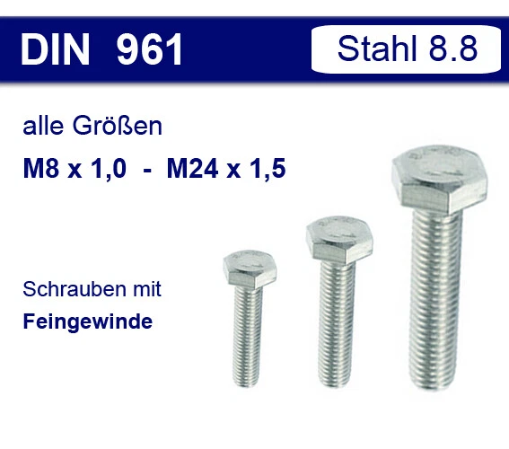 DIN 961 Hex Head Cap Screw M8 - M24 - Fine Thread Pitch 1.0 - 1.25 - 1.5 Fine - Image 1 of 1