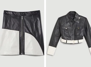 Karen Millen Set Leder Cropped Biker Jacke/Minirock Größe 8 US - Bild 1 von 17