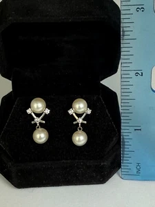 Orecchini a goccia Hollywood moderni ramoscello perle e diamanti oro 14 kt - Foto 1 di 12