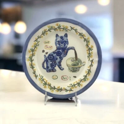 Nathalie Lete Charmante Anthropologie Dinner Plate Blue Cat Yellow Flowers 10” - Image 1 of 4