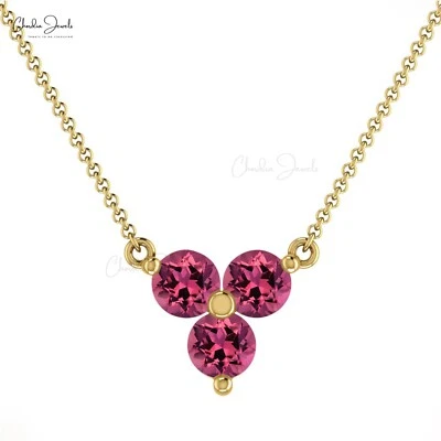 Collar de tres piedras redondas de turmalina rosa genuina de 3 mm en joyería de oro macizo de 14 k Foto 1 de 4