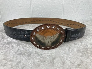 Black Saddle Leather Western Belt Tooled Eagle Buckle Hand Laced USA Made 36 - Picture 1 of 11