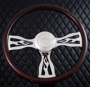 (T01) 18" Chrome Flame Steering Wheel Big Rig Mahogany Wood 86-06 Freightliner - Picture 1 of 9