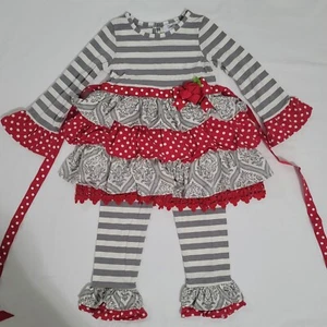 Counting Daisies Holiday Christmas Outfit Girls Size 4T Red & Gray Floral Stripe - Picture 1 of 9