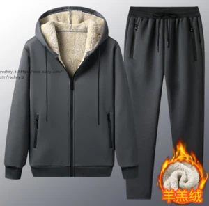 Men's Tracksuit Winter Hooded Fleece Sweatsuits Warm Coat+Pant Jogger Sport Sets - Picture 1 of 18