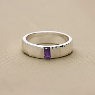 Anillo banda martillada de plata esterlina 925 sólida amatista anillo para hombre regalole Foto 1 de 4