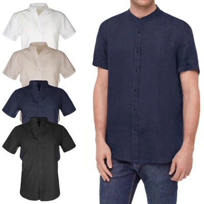 Camicia uomo Lino e Cotone Collo Coreana Mezza Manica Corta Slim Fit VEQUE - Immagine 1 di 4