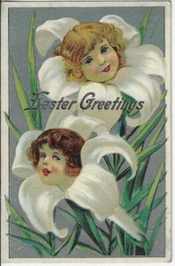 Easter Greetings Postcard 2 Little Girl Faces in Lillies - Picture 1 of 2