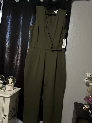 Liz Claiborne 16W Jumpsuit Sleeveless Crop Pockets V Neck Wrap Olive Green NEW - Image 1 of 4