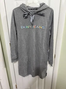 DKNY Jeans Women's Logo Fleece Dress NWT Hooded Grey Size M Long Sleeve - Picture 1 of 5
