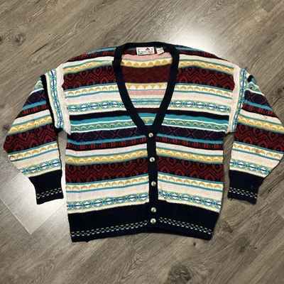 Cárdigan Suéter Vintage Años 90 Florence Tricot Tejido 3D Estilo Coogi Rayas L Foto 1 de 4