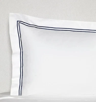 Sferra Grande Hotel Standard Sham White/NAVY Cotton Percale w/Double Stitch New - Image 1 of 4