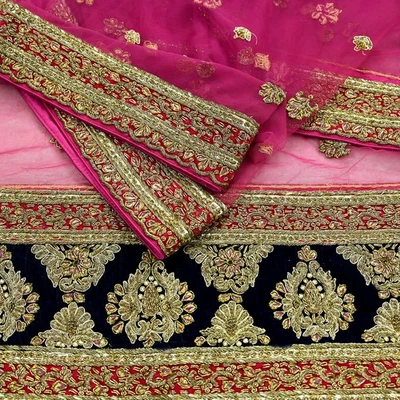 Vintage Heavy Bridal Pink Dupatta Net Mesh Long Stole Hand Embroidered Scarves - Image 1 of 4