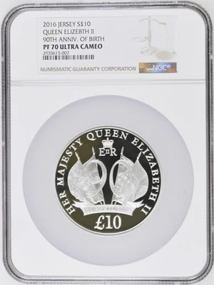 1/0 TOP POP 2016 Jersey 5 OZ. Silver £10 Queen Elizabeth 90TH Birthday NGC PF 70 - Image 1 of 4