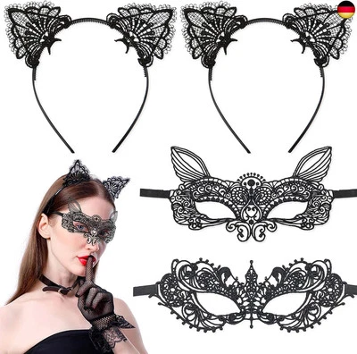 4 Stück Maskerade Maske Schwarz, Spitze Katzenohren Stirnband, Venezianischen  - Bild 1 von 4