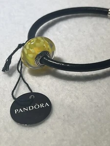 Pandora 925 Yellow Blossom XL Murano Black Leather Bracelet 18cm 6.8” 590709 HTF - Picture 1 of 11