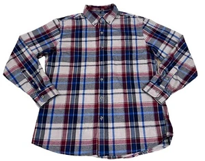 🔥Eddie Bauer Men's Sz MED Relaxed Fit Plaid Flannel Shirt Burgundy Navy Gray - Picture 1 of 6