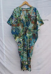 Cotton Loose Short Sleeves Paisley Print Blue Free Size Boho Caftan Maxi Dress - Picture 1 of 6