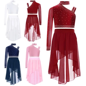 Girls Set Sheer Outfits Long Sleeve 2 Piece Sparkly Crop Top With Skirt Jazz - Picture 1 of 58