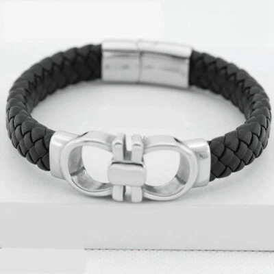Pulsera magnética de cuero trenzado negro de 8,5" de acero inoxidable para hombre*unisex*caja Foto 1 de 4