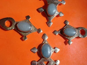 Niger Tuareg cross hand engraved BLUE agate pendant L70 mm - Picture 1 of 12