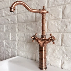 Antique Red Copper Bathroom Vanity Sink Faucet Dual Cross Handles Mixer Tap - Picture 1 of 9