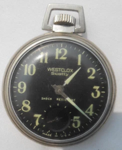 Vintage 50's Westclox Scotty Shock Resistant Pocket Watch Black Face Luminate - Bild 1 von 10