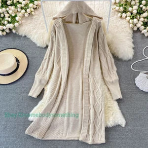 Fall Hooded Women Long Loose Twist Rough Sweater Coat Tide Cardigan Jacket Tops - Picture 1 of 27
