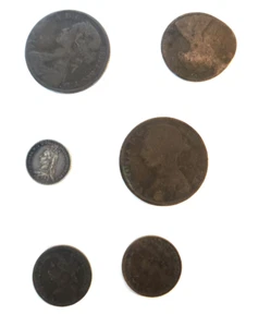 6 Victoria era coins, penny, farthing, three pence. 1863, 1876, 1881, 1887, - Picture 1 of 13
