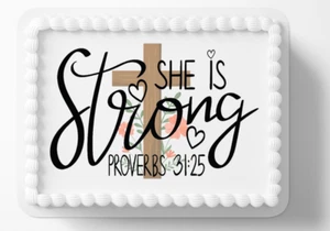 She Is Strong Proverbios 31:25 Imagen Cristiana Comestible Cumpleaños Pastel Reparto - Imagen 1 de 1