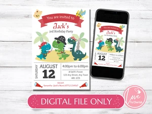 DIGITAL Dinosaur Pirate PERSONALISED Invitations-Boys Dino Birthday Party Invite - Picture 1 of 5