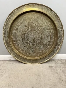 Antik Asiatisch Messing Rund Tablett Tisch Wandkunst MCM Hongkong 25,5" - Bild 1 von 18