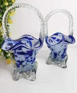 2 Vintage White And Blue Murano Baskets-Vases - Picture 1 of 12