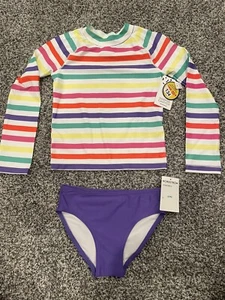 Harper Canyon Girls 2 Piece Swimsuit Size 5 Longsleeve SPF 50 Multi Color Stripe - Picture 1 of 11