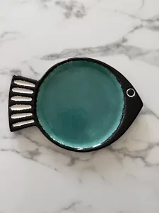 Paola Navone Art Pottery MCM Style Black Teal Fish Dish 9” Portugal - Picture 1 of 4