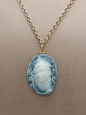 Collana donna catena lunga cammeo pendente ciondolo cameo volto donna - Immagine 1 di 4