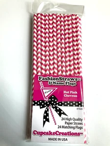 Straws Paper Hot Pink Decorative Straws with Flags Biodegradable 24ct - Picture 1 of 3