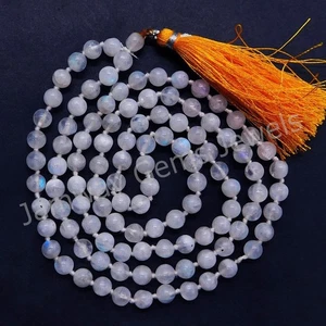 Rainbow Moonstone Knotted Mala Bead Necklace/108 Mala Bead/ Tassel Necklace/Yoga - Picture 1 of 3