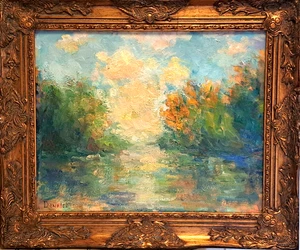 Oil Painting Landscape Sunset Refection Water Trees Fall Original Frame Donalee - Picture 1 of 2