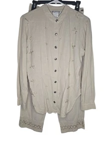 Vintage Museum 2 teiliges Leinen Set mit Cropped Hose bestickt neutral Boho M - Bild 1 von 14