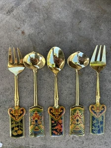 ARAK Korea set of 5 utensil spoon grapefruit teaspoon enamel gold-tone - Picture 1 of 6