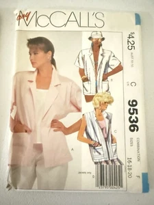 McCalls Muster 9536 16 18 20 Misses vorne offene Taschen Jacke Weste Cardigan UC - Bild 1 von 3