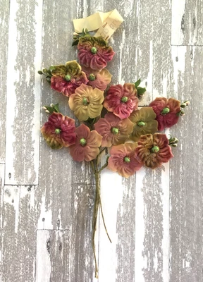 Antigo Vintage Millinery Veludo e Tecido Spray de 12 Flores Cor Verde Rosa - Imagem 1 de 4