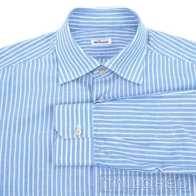 Camicia elegante uomo lusso KITON blu bianca a righe LINO COTONE - 17 - Immagine 1 di 4