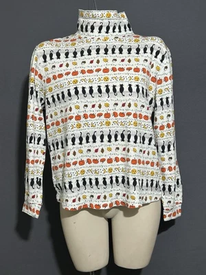Vtg Fall/Thanksgiving/Halloween Mock Neck Shirt Size Large Pumpkins Leaves Cats - Image 1 of 4